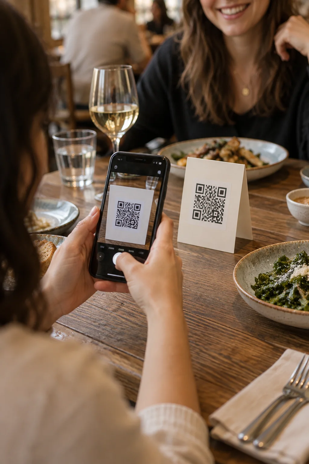 A guest scans the QR code on a café table to open the menu
