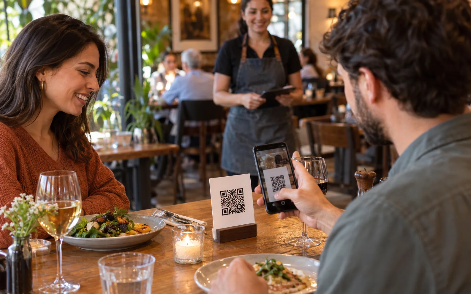 Guests scanning a QR code to order at their table